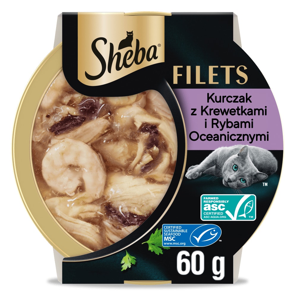 SHEBA® Filets z kurczakiem, rybami oceanicznymi i krewetkami w sosie, tacka 60 g - 1